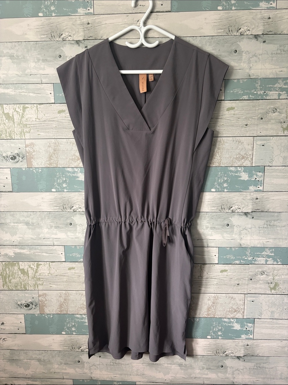 Sleeveless V-Neck Drawstring Waist Midi Dress - Gray